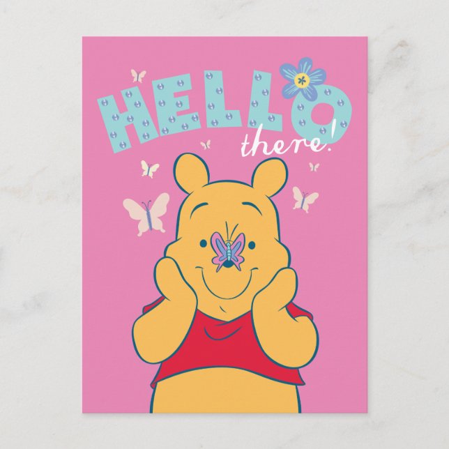 Carte Postale Winnie l'ourson avec des papillons - Bonjour (Devant)