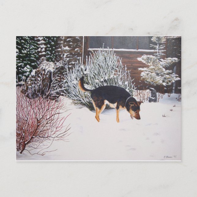 Carte Postale Winter snow scene with cute black and tan dog (Devant)