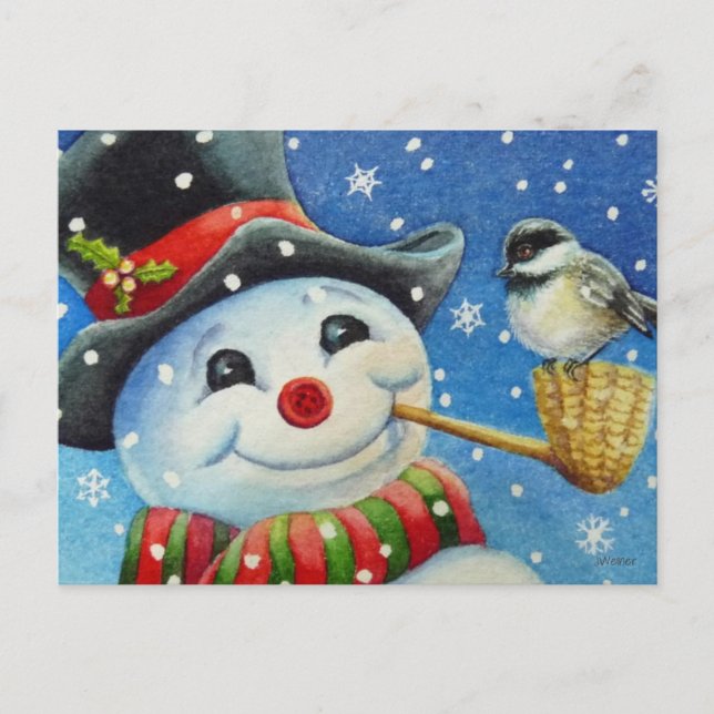 Carte Postale Winter Snowman et Chickadee Bird Aquarelle Art (Devant)
