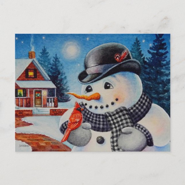 Carte Postale Winter Snowman & Red Cardinal Bird Aquarelle Art (Devant)