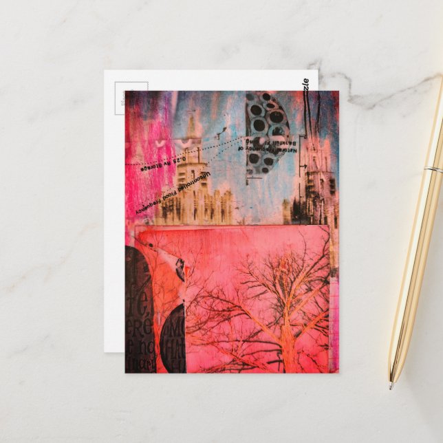 Carte Postale Winter Tree and Buildings Mixed Media Collage (Devant/Arrière en situation)