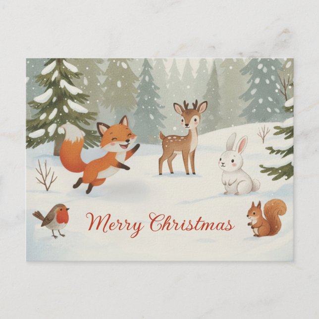 Carte Postale Winter Woodland Merry Christmas Forest Animals (Devant)