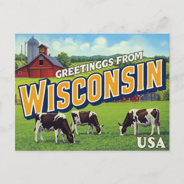 Carte Postale Wisconsin Dairy Farm Cows Greetings (Devant)