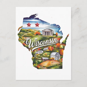 Carte Postale Wisconsin États-Unis État Forme Vintage Aquarelle