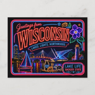 Carte Postale Wisconsin Neon État Rétro Vintage