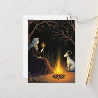Carte Postale Witch and Goat at a Bonfire