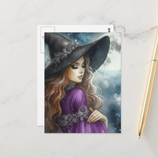 Carte Postale Witch Wearing Black and Purple and a Full Moon