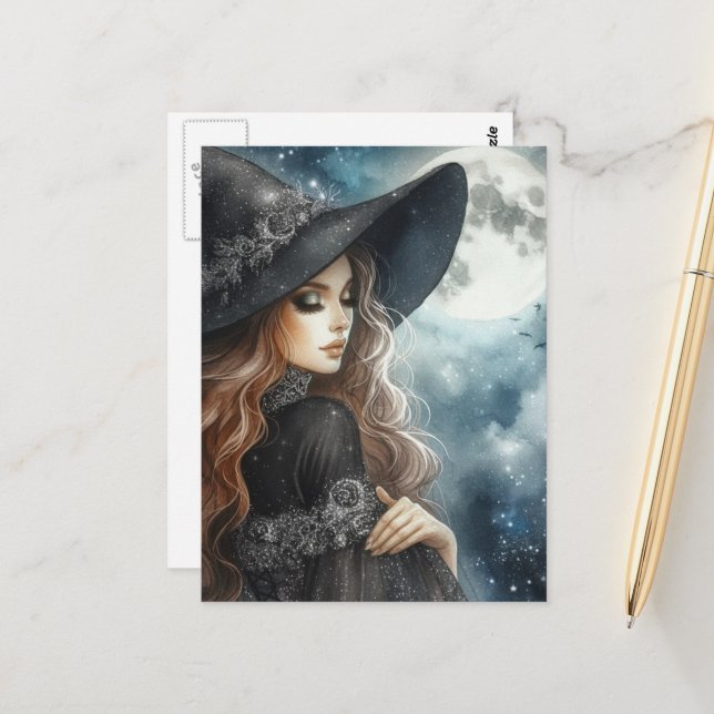 Carte Postale Witch Wearing Black and Silver and a Full Moon  (Devant/Arrière en situation)