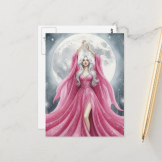 Carte Postale Witch Wearing Pink and a Full Moon