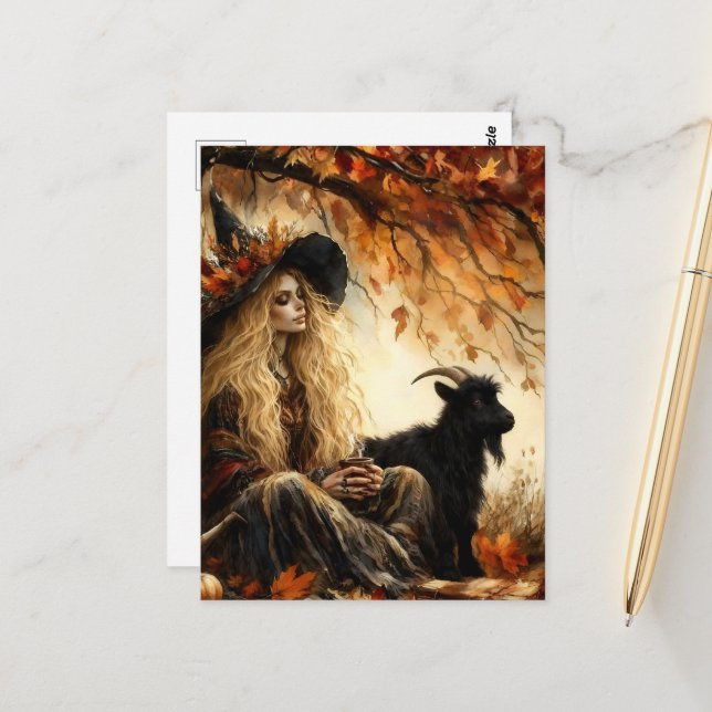 Carte Postale Witch With Coffee and Her Pet Black Goat in Autumn (Devant/Arrière en situation)