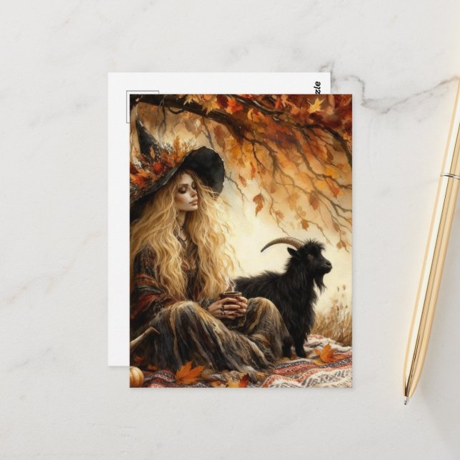 Carte Postale Witch With Coffee and Her Pet Goat in Autumn (Devant/Arrière en situation)