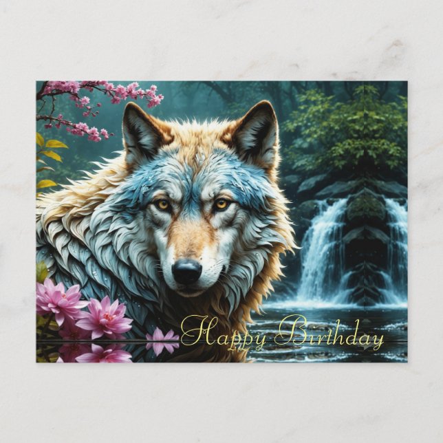 Carte Postale Wolf debout dans la rivière avec des fleurs Annive (Devant)