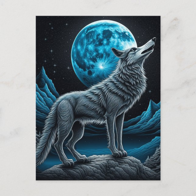 Carte Postale Wolf debout devant la Pleine lune | Art AI (Devant)