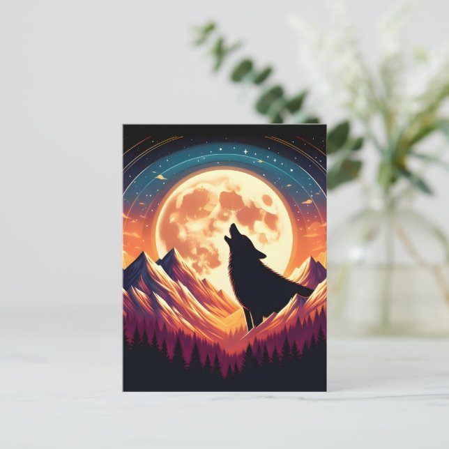 Carte Postale Wolf Howl sous la lune (Debout devant)