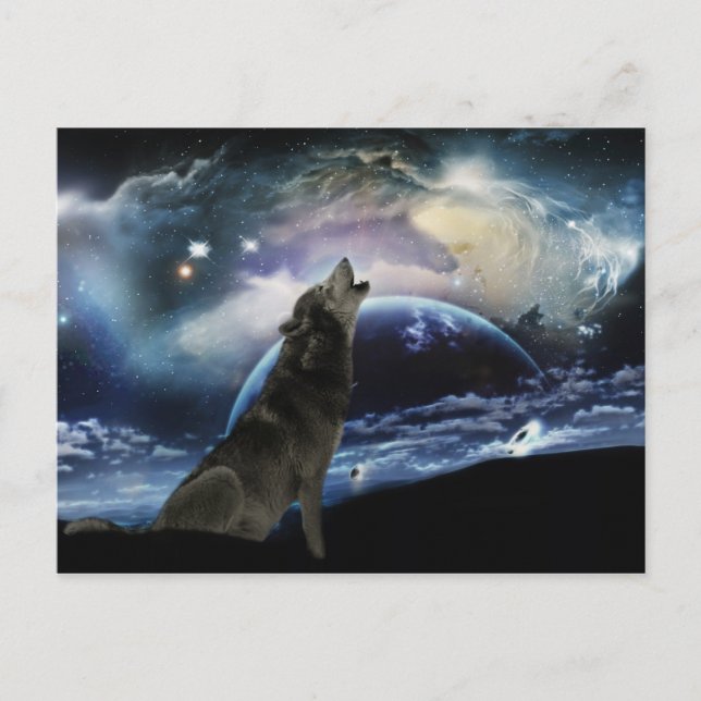 Carte Postale Wolf hurle sur la lune (Devant)
