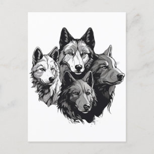 Carte Postale Wolf Pack Graphisme tribal Loups noirs et blancs