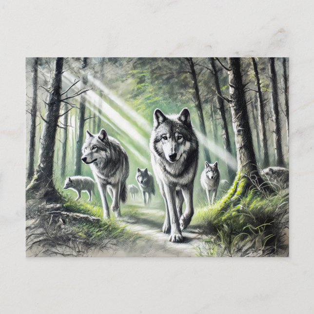 Carte Postale Wolf Pack Moving Through Green Forest (Devant)