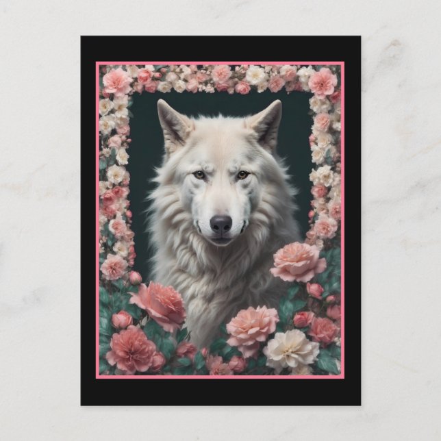 Carte Postale Wolf portrait with flowers (Devant)