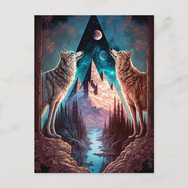 Carte Postale Wolves Mountain Visionary Imaginaire Art (Devant)