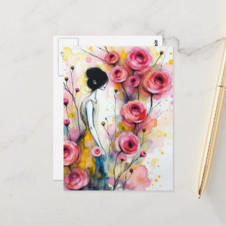 Carte Postale Woman In the Secrect Garden Pink Flowers