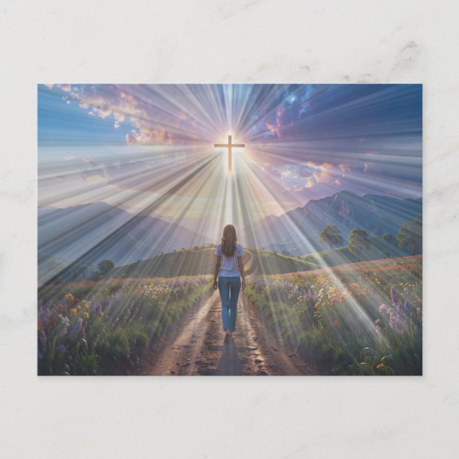 Carte Postale Woman Walking Toward Glowing Cross – Faith Journey (Devant)