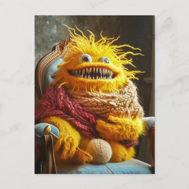Carte Postale Wool monster crocheting in a chair. Funny (homonym (Devant)