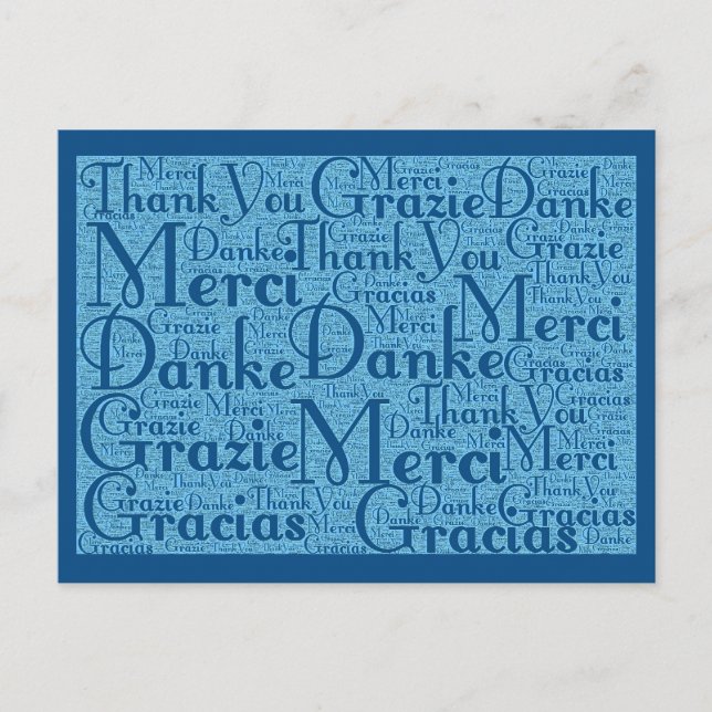 Carte Postale Word Art : Merci en plusieurs langues - Aqua Blue (Devant)
