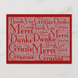 Carte Postale Word Art : Merci en plusieurs langues - Rouge Blan