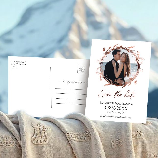Carte Postale Wreath Rose Gold Foil Photo Enregistrer la date (Créateur téléchargé)