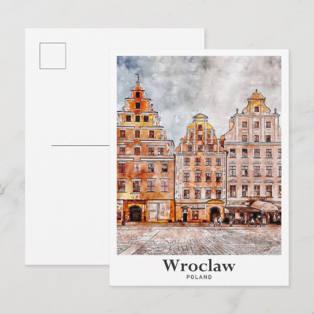 Carte Postale Wroclaw Pologne Art Voyage Aquarelle main tirée (Devant / Derrière)