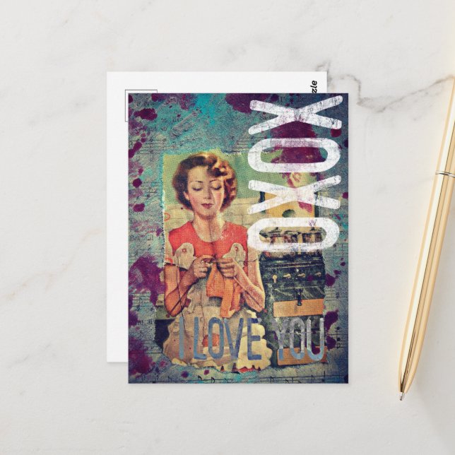 Carte Postale XOXO I Love You Retro Mixed Media Collage (Devant/Arrière en situation)