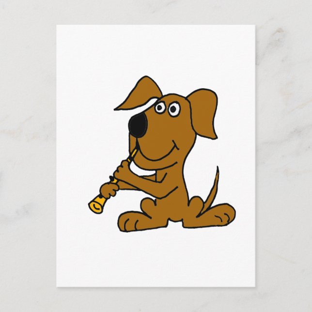 Carte Postale XX- Drôle de chien brun jouant de la clarinette (Devant)