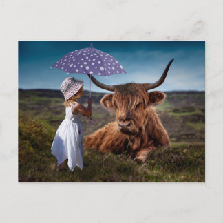 CARTE POSTALE YAK GIRL UMBRELLA FUNNY POSTCROSSING
