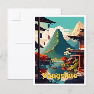 Carte Postale Yangshuo Chine Voyage Art Vintage Illustration
