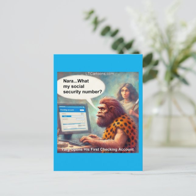 Carte Postale Yarg’s First Login: Banking Like a Caveman (Debout devant)