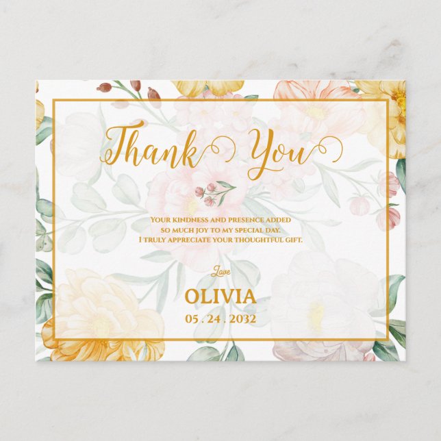 Carte Postale  Yellow Floral Romantic Bridal Shower Thank You (Devant)