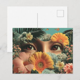 Carte Postale Yeux surréalistes et fleurs avec papillons