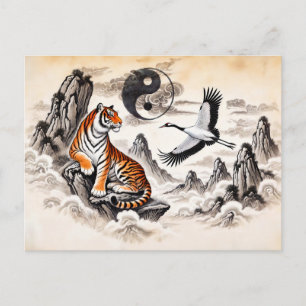 Carte Postale Yin et Yang Tigre et Grue dans le style d'art asia