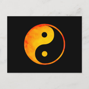 Carte Postale Yin Yang orange et jaune aquarelle sur noir