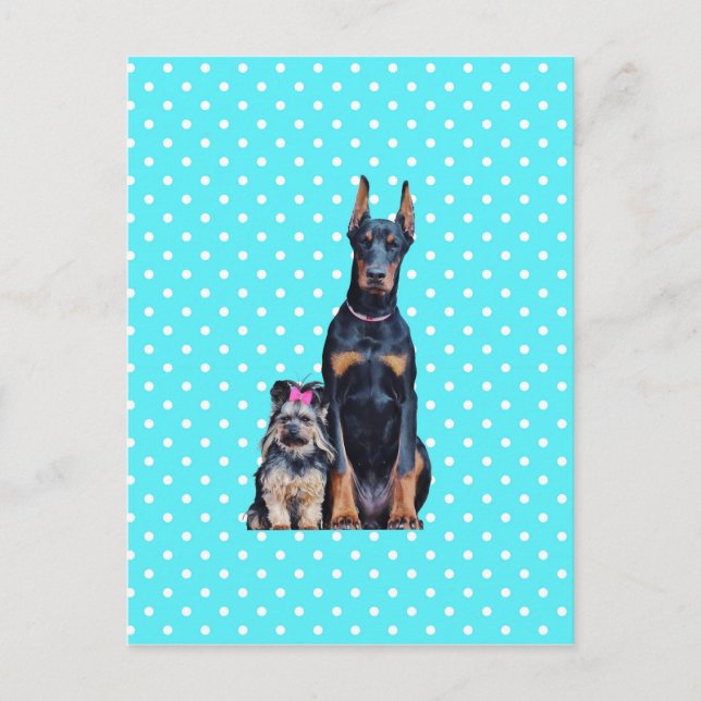 Carte Postale Yorkshire Terrier Doberman Pois bleus (Devant)