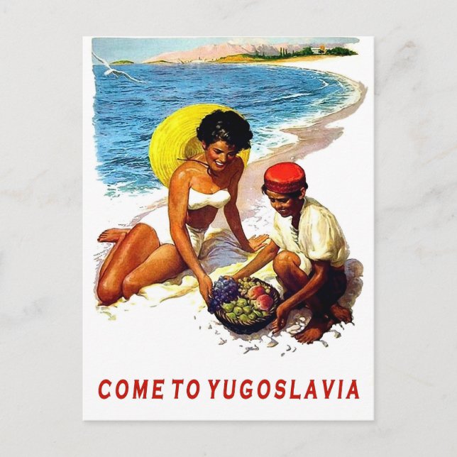 Carte Postale Yougoslavie, femme sur la plage avec vendeuse de f (Devant)
