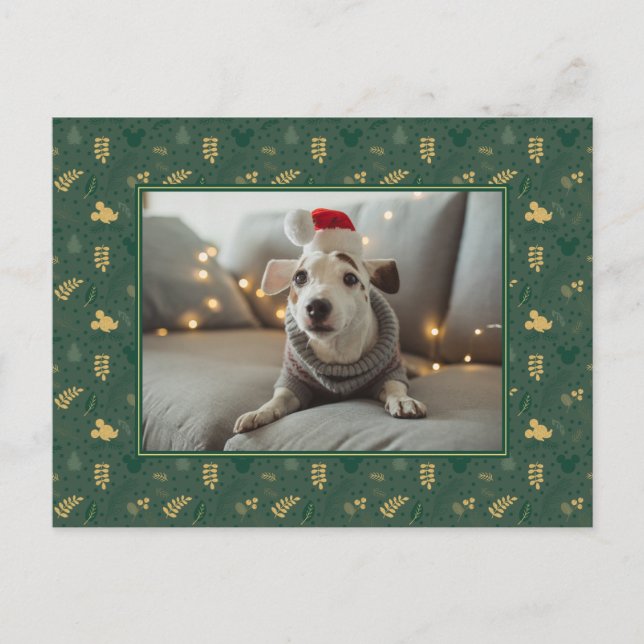 Carte Postale Yuletide Joy | Mickey Green & Gold Holiday Motif (Devant)
