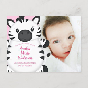Carte Postale Zebra Baby shower Safari Rose Girl