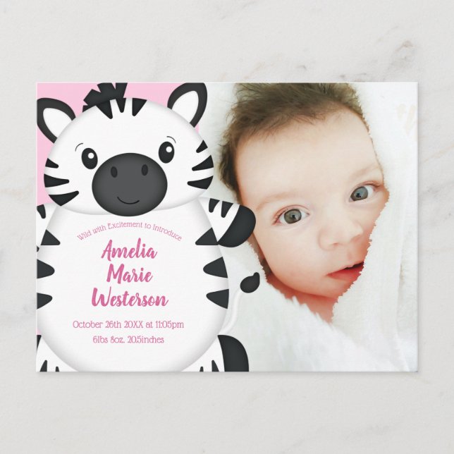 Carte Postale Zebra Baby shower Safari Rose Girl (Devant)
