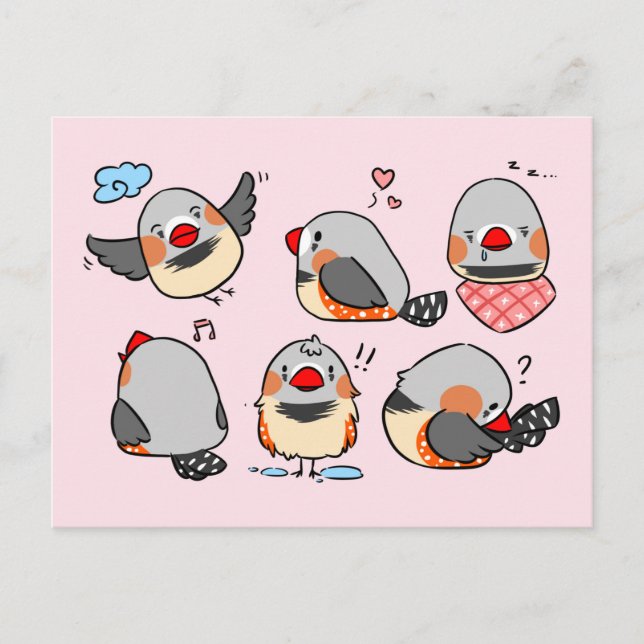 Carte Postale Zebra finch mignon dessin animé rose à damiers mot (Devant)