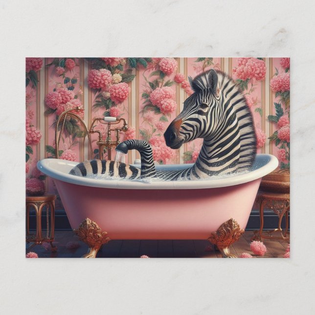 Carte Postale Zèbre amusant dans la salle de bain rose fleurie (Devant)
