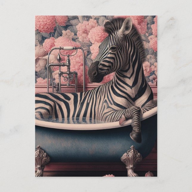 Carte Postale Zèbre amusant dans une baignoire dans une salle de (Devant)
