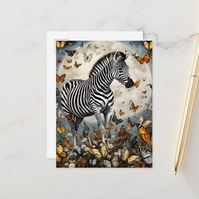 Carte Postale Zèbre et papillons (Devant/Arrière en situation)