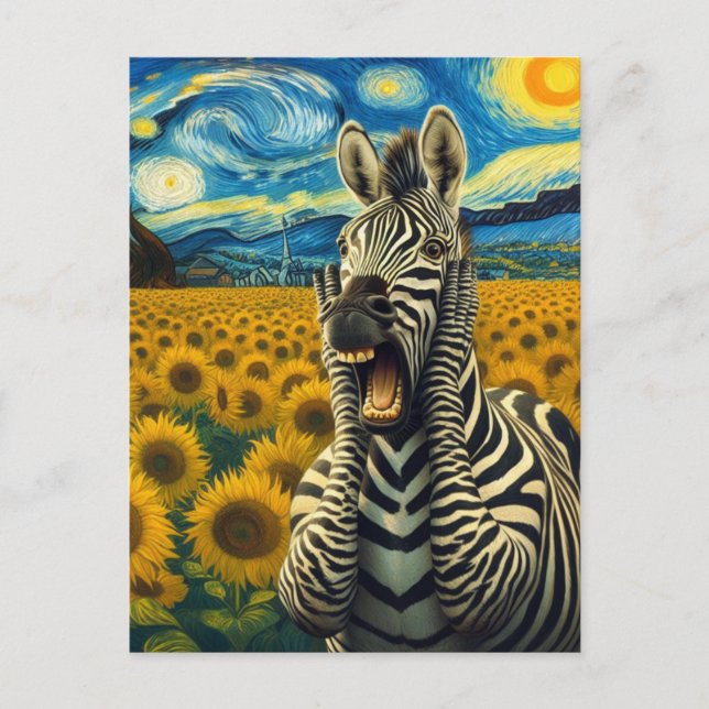 Carte Postale Zèbre hurle dans un champ de tournesols (Devant)