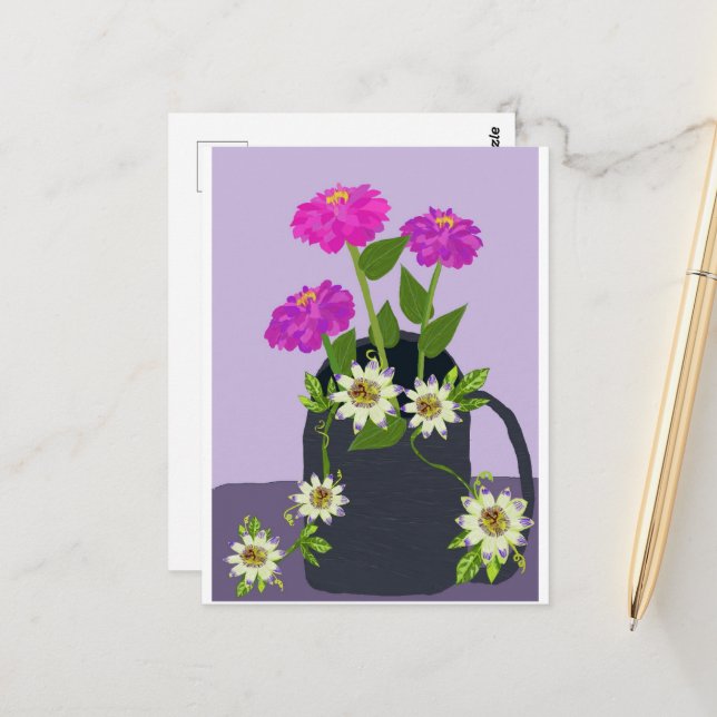 Carte postale Zinnia et fleur de passion (Devant/Arrière en situation)